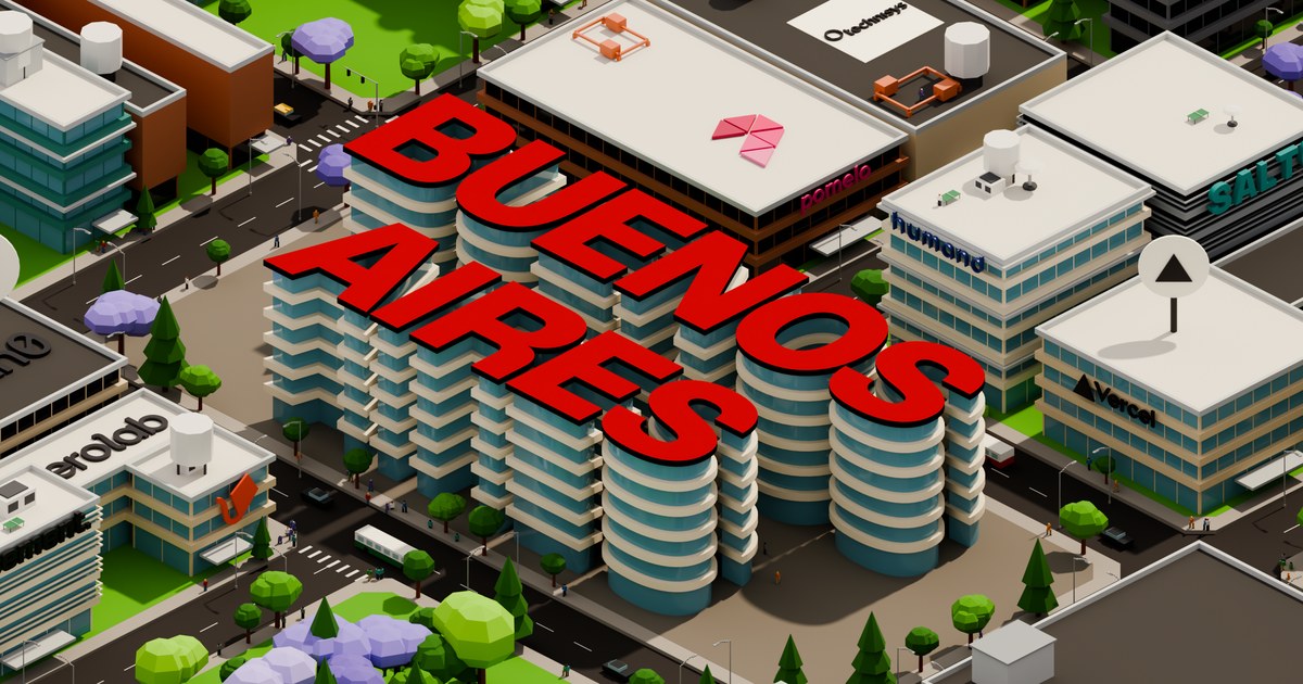 Vista isométrica de una ciudad low poly con BUENOS AIRES construido en letras rojas sobre las torres.